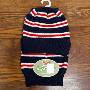 Beanie & matching dog sweater in a navy, red, and white striped pattern, small